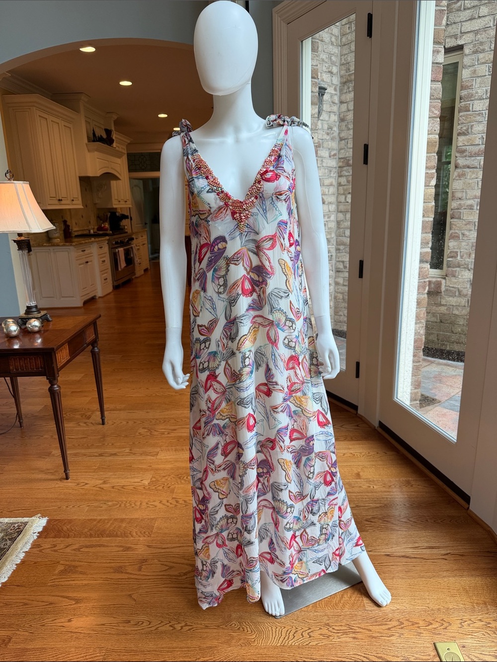 Hale Bob White Maxi Dress with Pink, Purple and Yellow Butterfly Print
